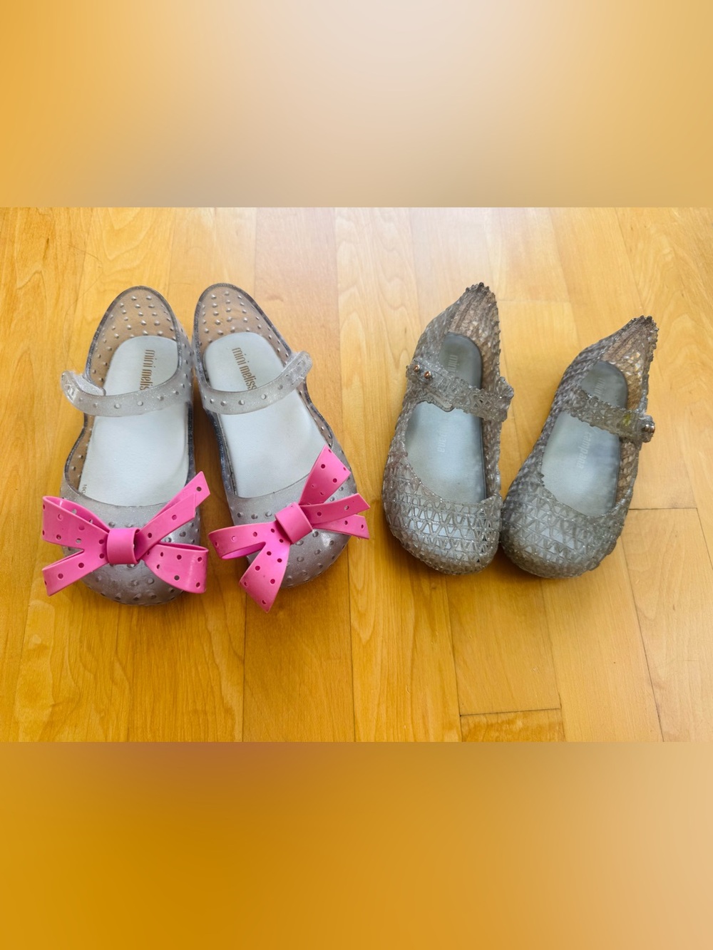 Mini Melissa Gray Jelly Mary Janes with Pink Bow Accent